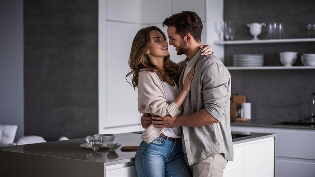 a couple in a kitchen with a white cabinet behind them