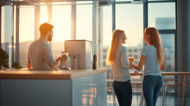 Photo a couple in a kitchen with a window view of the city