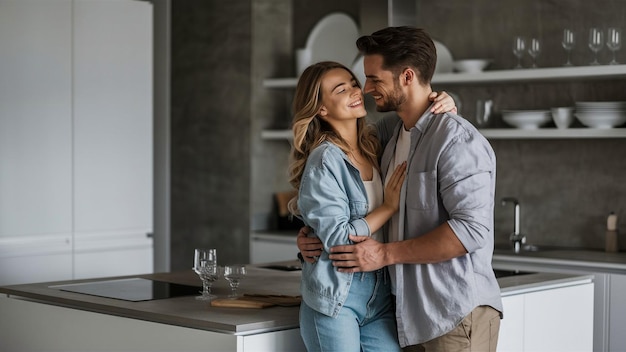 a couple in a kitchen with a wine glass and a bottle of wine