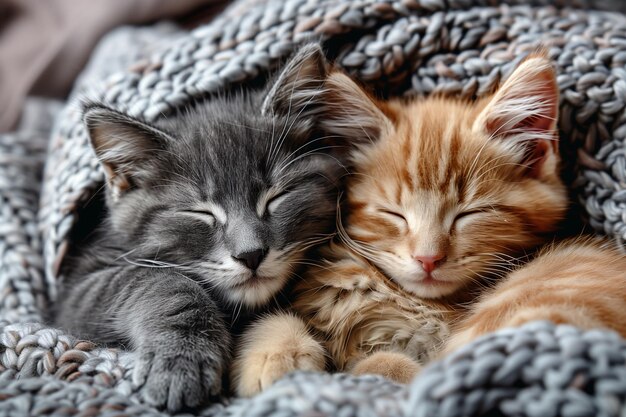 Photo couple of kittens sleeping in love