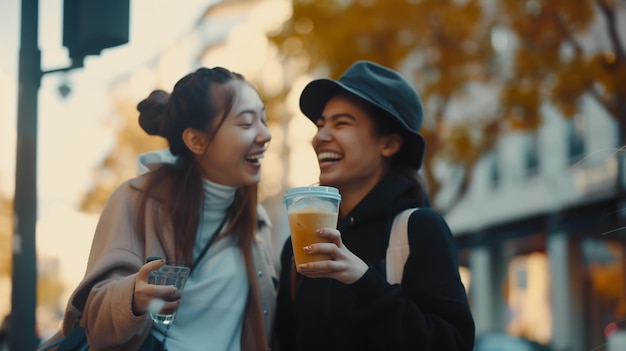 a couple laughing and laughing with a cup of beer