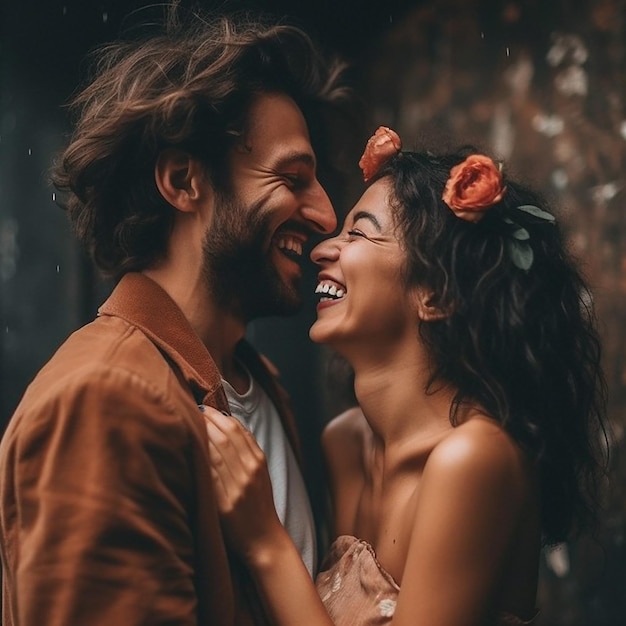 A couple laughing in the rain with flowers on their heads