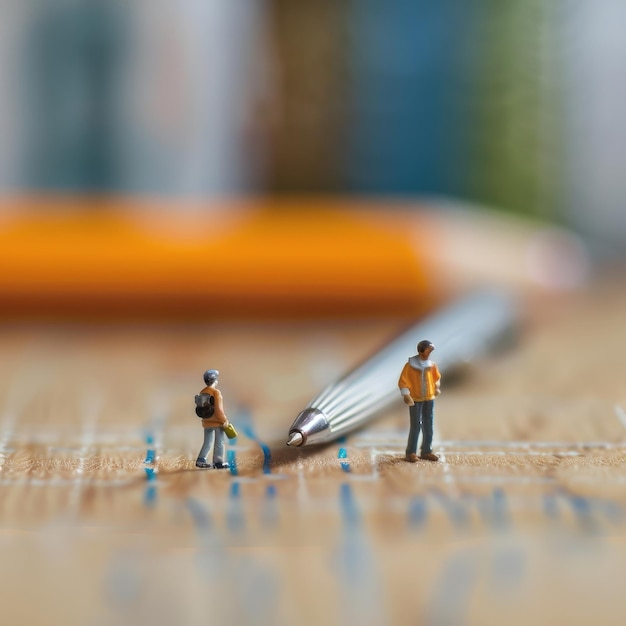 a couple of lego figures are on a table with a pencil in the middle