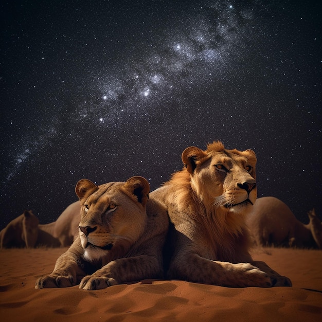 A couple of lions are laying in the sand with the milky way in the background.