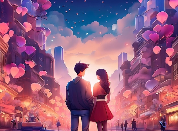 a couple looking at the city with balloons in the sky