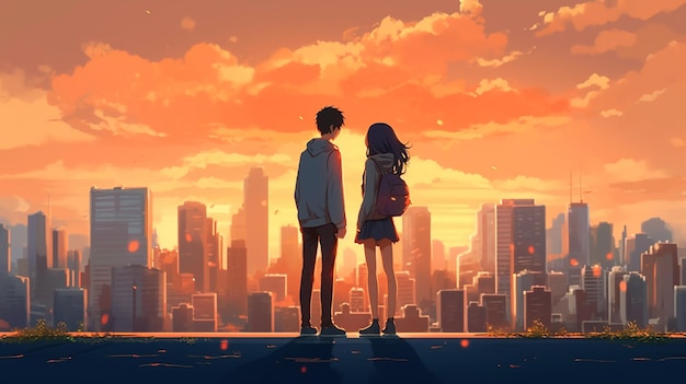 A couple looking at the cityscape with a sunset in the background