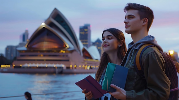 a couple looking at the opera house and the city skyline in the background