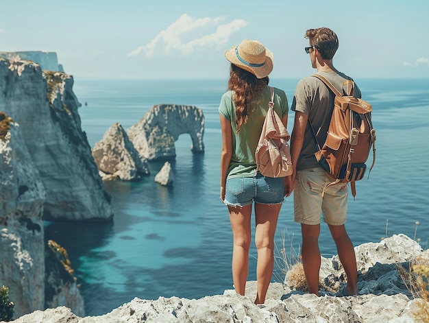 Photo a couple looking out to sea with a rock formation in the background