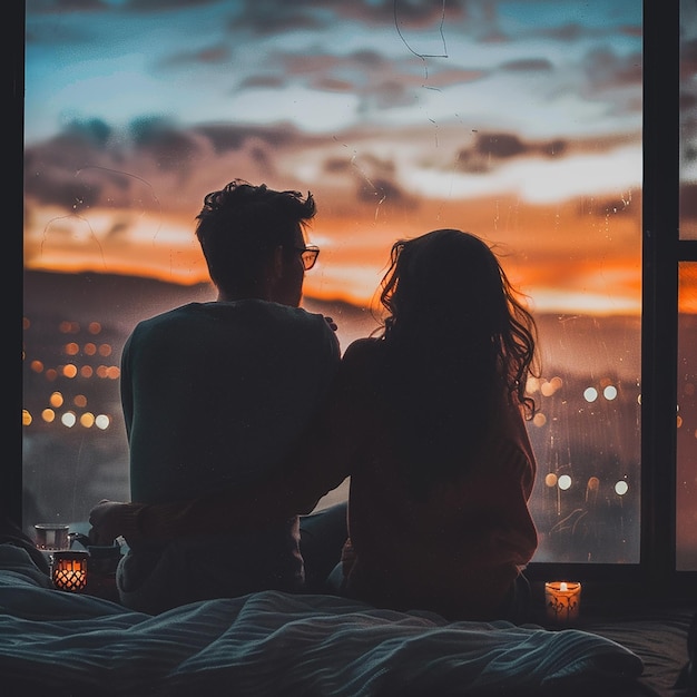 Photo a couple looking out a window at a sunset