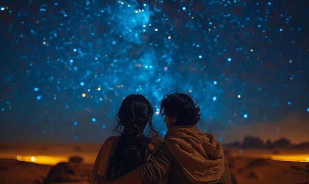 Photo a couple looking at the stars in the sky