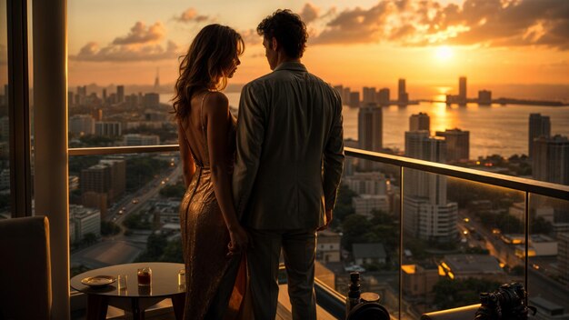 a couple looking at the sunset on a balcony with the city in the background