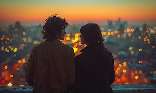 a couple looking at the sunset on a rooftop