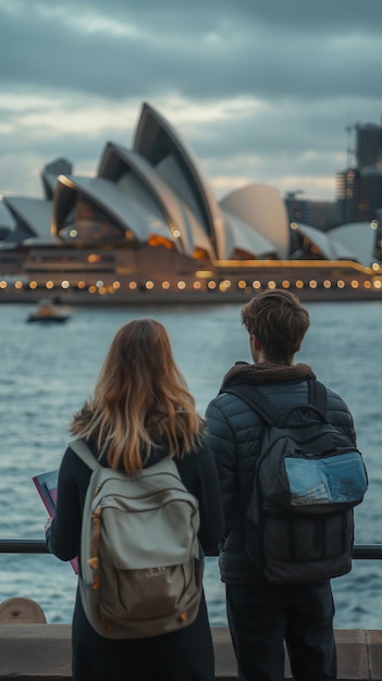 a couple looking at the sydney harbour bridge and the opera house