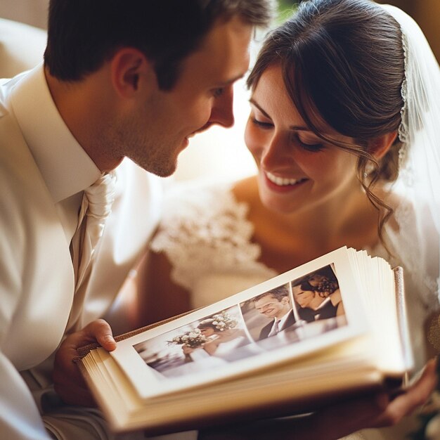 Photo a couple looking through a photo album of their wedding day on their anniversary