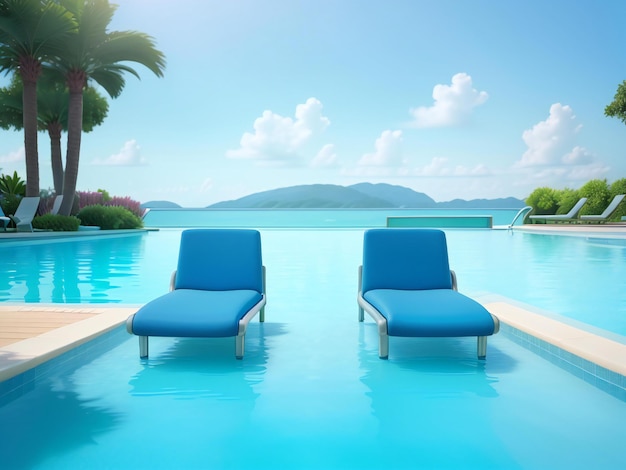 a couple of lounge chairs sitting next to a swimming pool