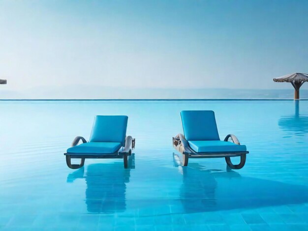 a couple of lounge chairs sitting next to a swimming pool