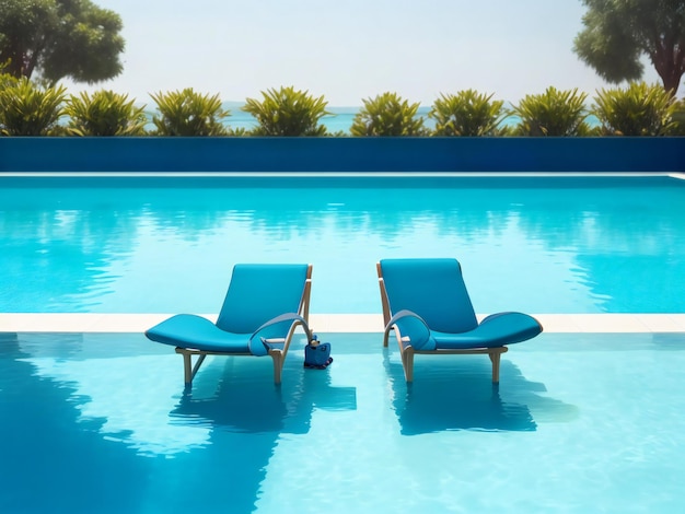 a couple of lounge chairs sitting next to a swimming pool