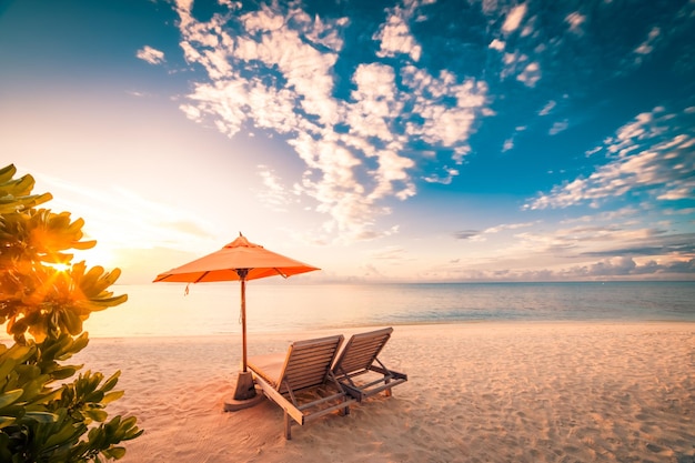 Couple love chairs. White sand sea view with horizon, colorful twilight sky, calmness and relaxation