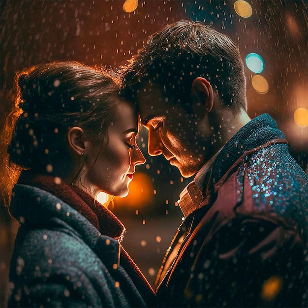 Couple in love embraced at night in the rain Created with generative AI technology