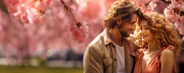 A Couple in Love embracing under a cherry blossom tree