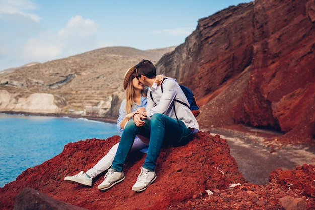 Couple in love enjoying honeymoon on Red beach