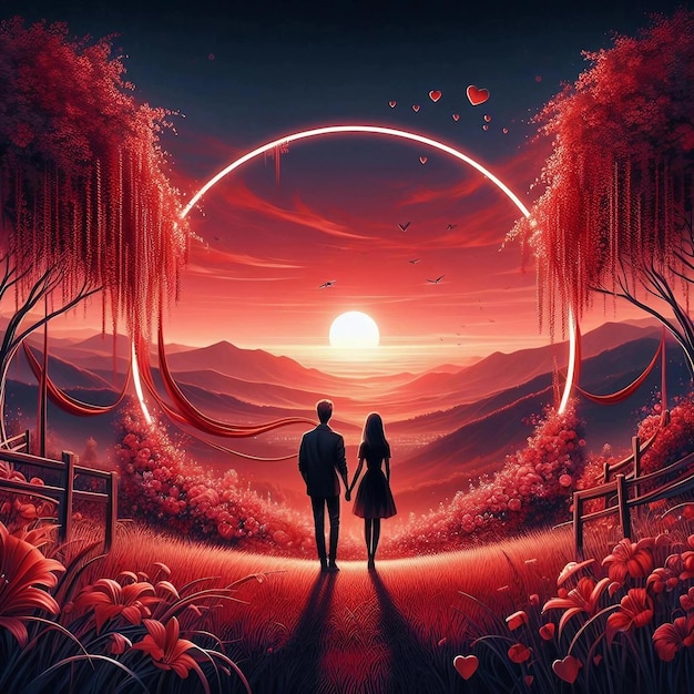 Couple in love in front of evening sky and flowers ai generated