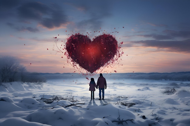 Couple in love holding hands and looking at red heart against winter landscape