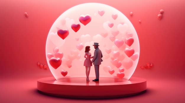 A couple in love is standing opposite each other on a pink background with balls Valentine Day scene