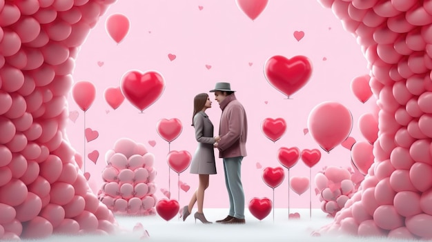 A couple in love is standing opposite each other on a pink background with balls