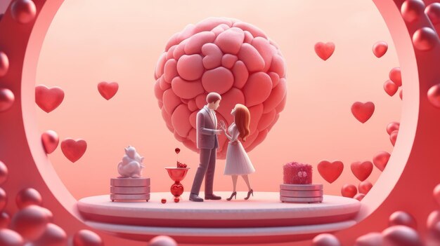 A couple in love is standing opposite each other on a pink background with balls