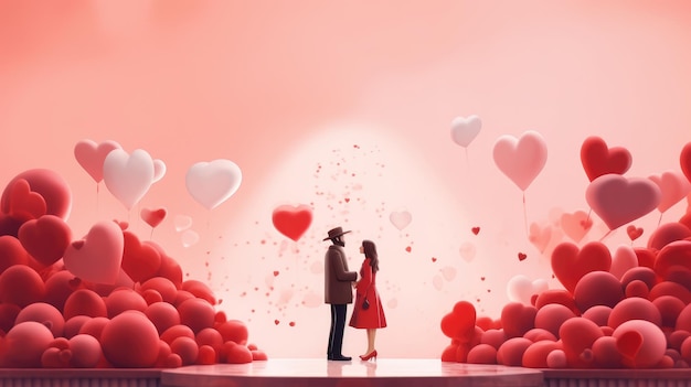 A couple in love is standing opposite each other on a pink background with balls