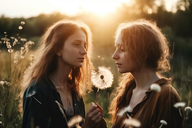 Couple in love lgbt lesbian girls in summer outdoors in a field Generative AI