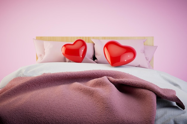 A couple in love lies on the bed two hearts on a bed on a pastel background 3D render