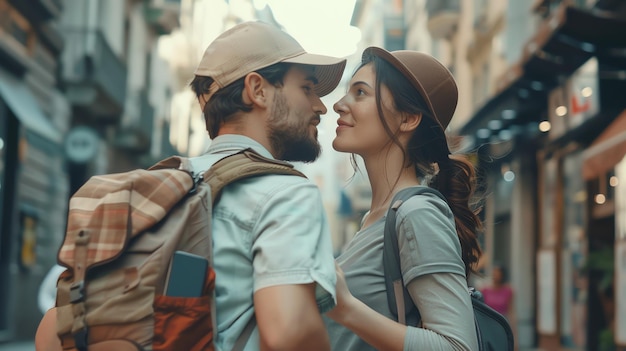 Photo a couple in love looking at each other in a city street