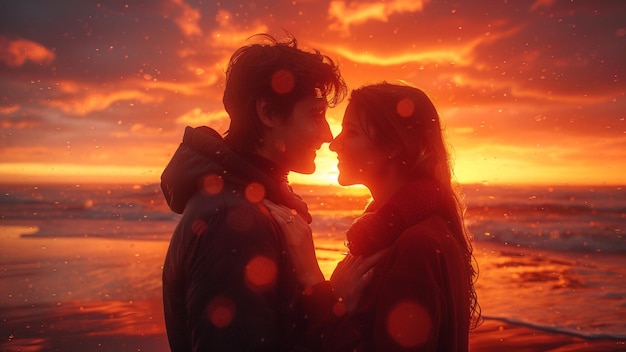 a couple in love looking at the sunset