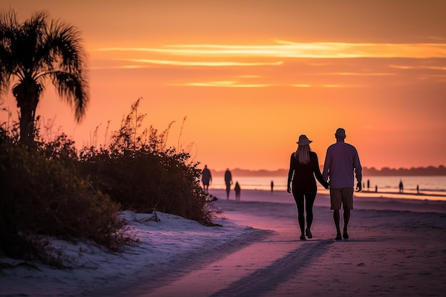 Couple in love people walking on the beach at orange sun sky sunset Generative AI