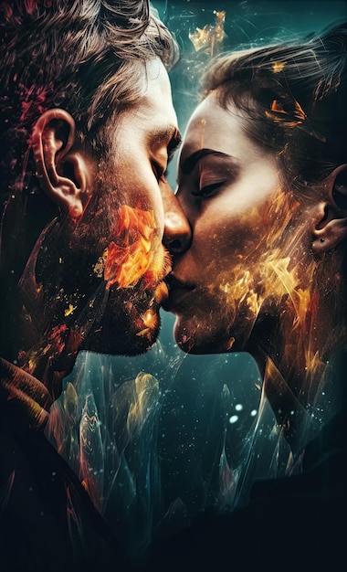 Couple in love romantically hug and kiss Book cover of romantic novel with double exposure Generative AI illustration