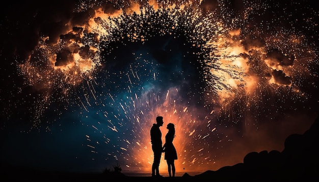 Couple in love silhouettes on the background of fireworks in the shape of a heart Generative AI