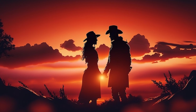 Couple in love silhouettes on sunset background Generative AI