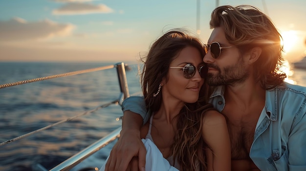 Photo couple in love sitting on yacht deck while sailing in the sea handsome man and beaut generative ai