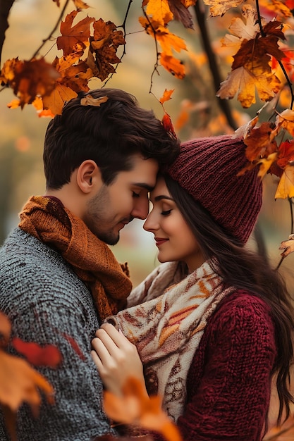 A couple in love standing close to each other with autumn leaves behind them