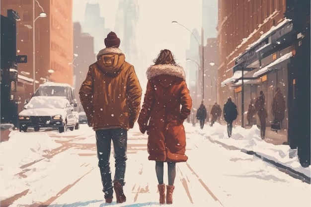 A couple in love strolling down the streets of the city Fantasy concept Illustration painting Generative AI