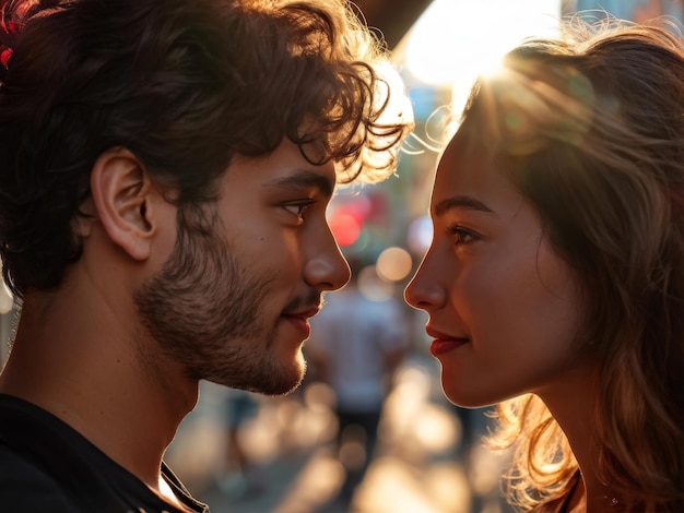 couple in love in sunset young couple kissing and looking at the camera couple in love in suns