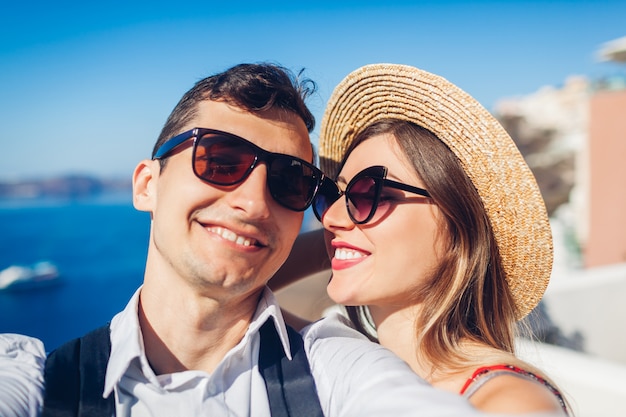 Couple in love taking selfie during honeymoon