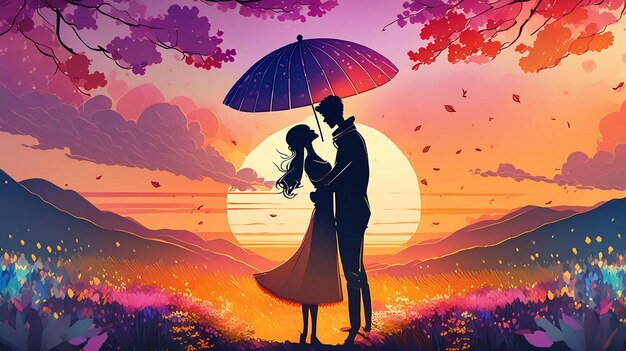 a couple in love under an umbrella with the sun setting behind them