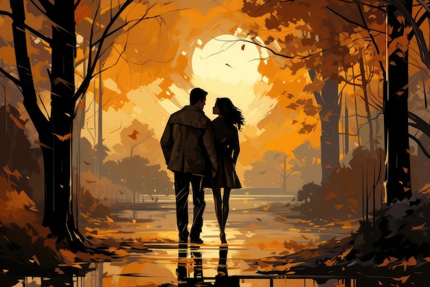 A couple in love walks in the autumn park Illustration Generative AI