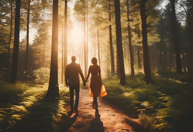 A couple in love walks hand in hand along a forest path at sunset beautiful light in the forest