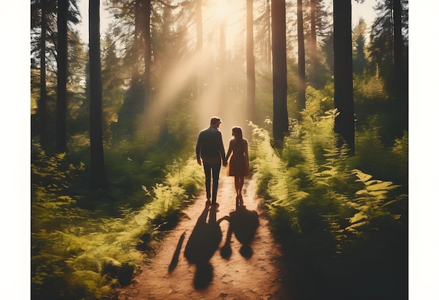 A couple in love walks hand in hand along a forest path at sunset beautiful light in the forest