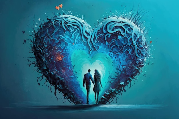 Couple in love with blue background romantic art of heart