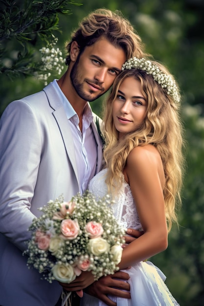 A couple in love with a bouquet of flowers